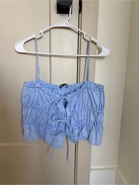 Zara Light Blue Ruched Tie-Front Crop Tank